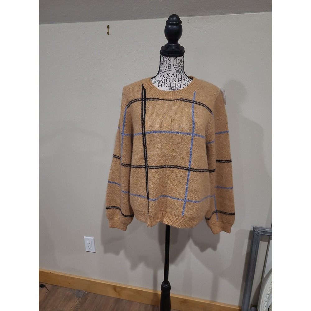 Studio B by Bobeau Women SZ M Tan Plaid Crewneck Sweater Casual work Preppy Fall
